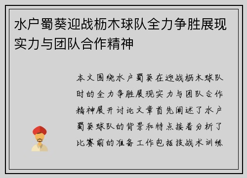 水户蜀葵迎战枥木球队全力争胜展现实力与团队合作精神